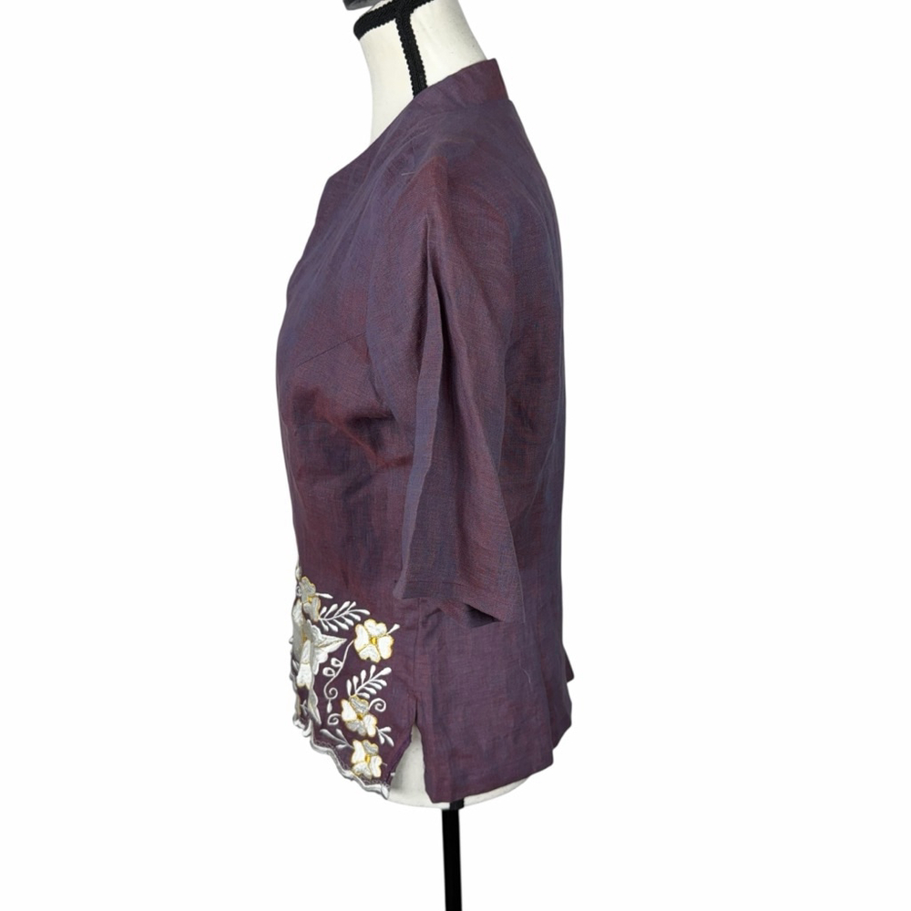 Vintage Inspired Embroidered Linen Blend Blouse Cottagecore Boho Dark Academia M - Picture 3 of 11